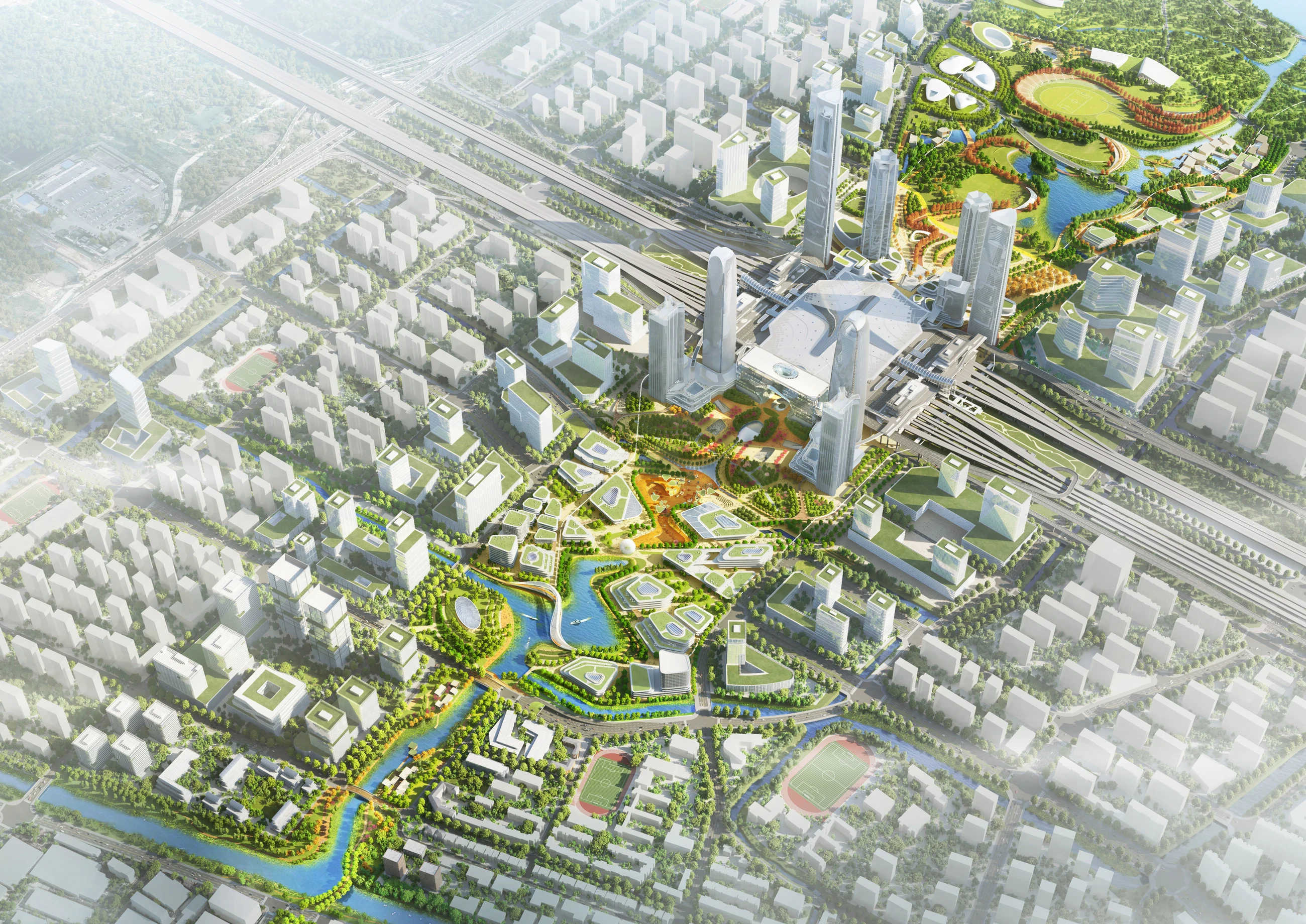 Aerial master plan of the ecological-cultural axis around Hangzhou West Station