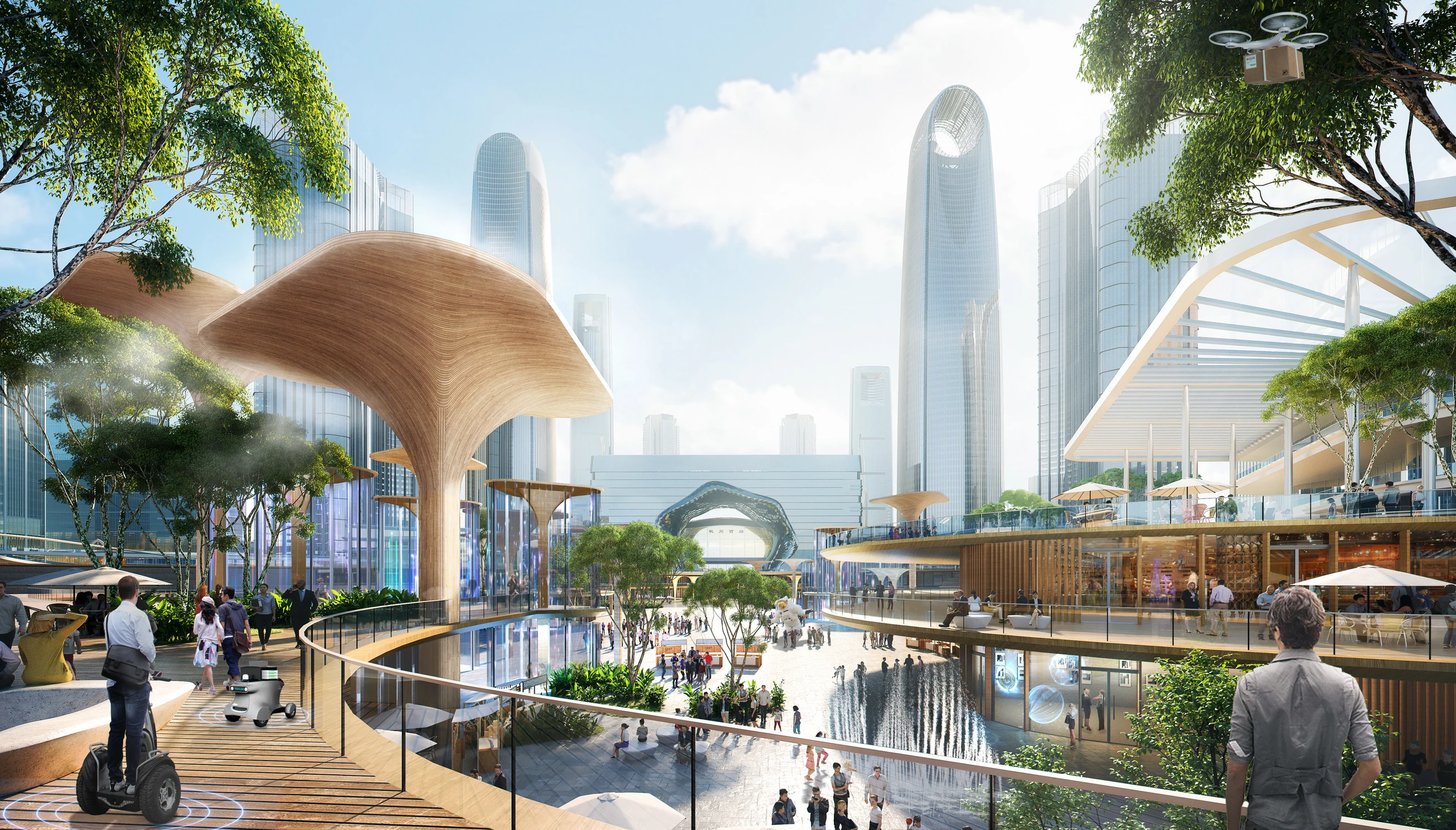 Pedestrian terraces and pavilions around a water garden