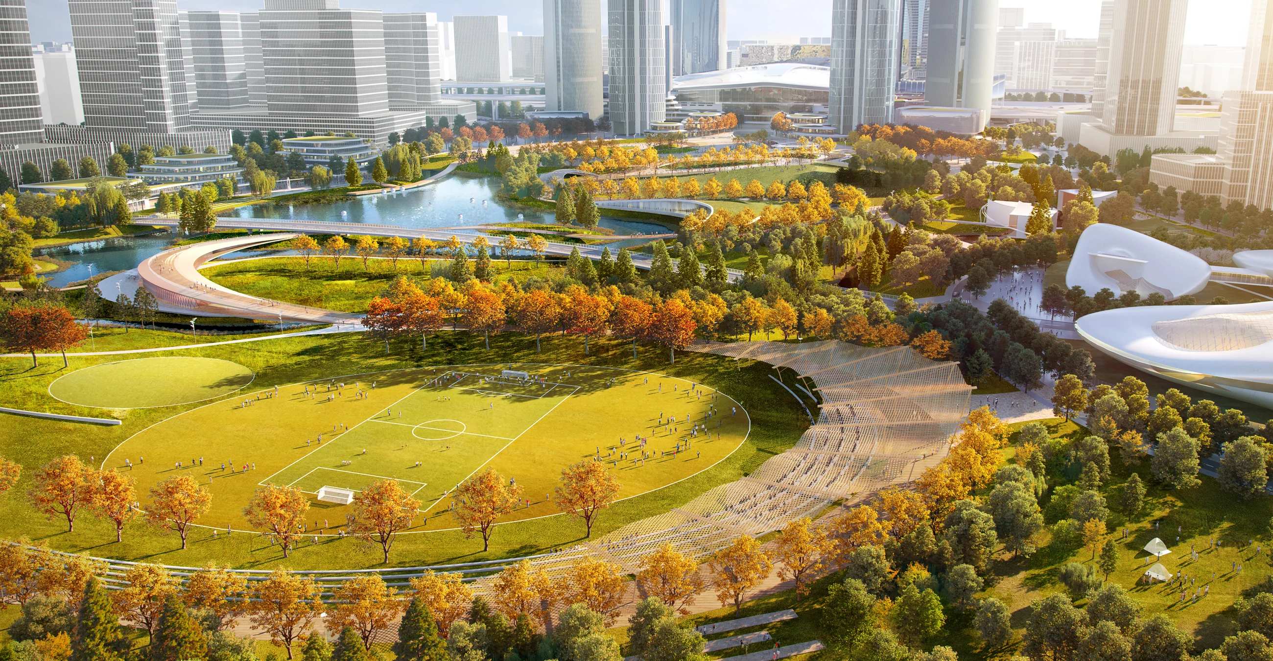 Aerial view of sports fields and landscape infrastructure in the station district