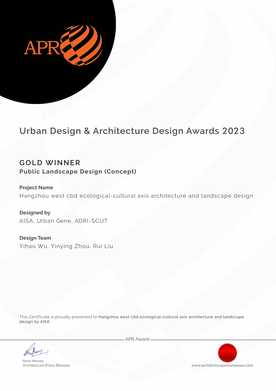 Urban Design & Architecture Design Awards certificate
