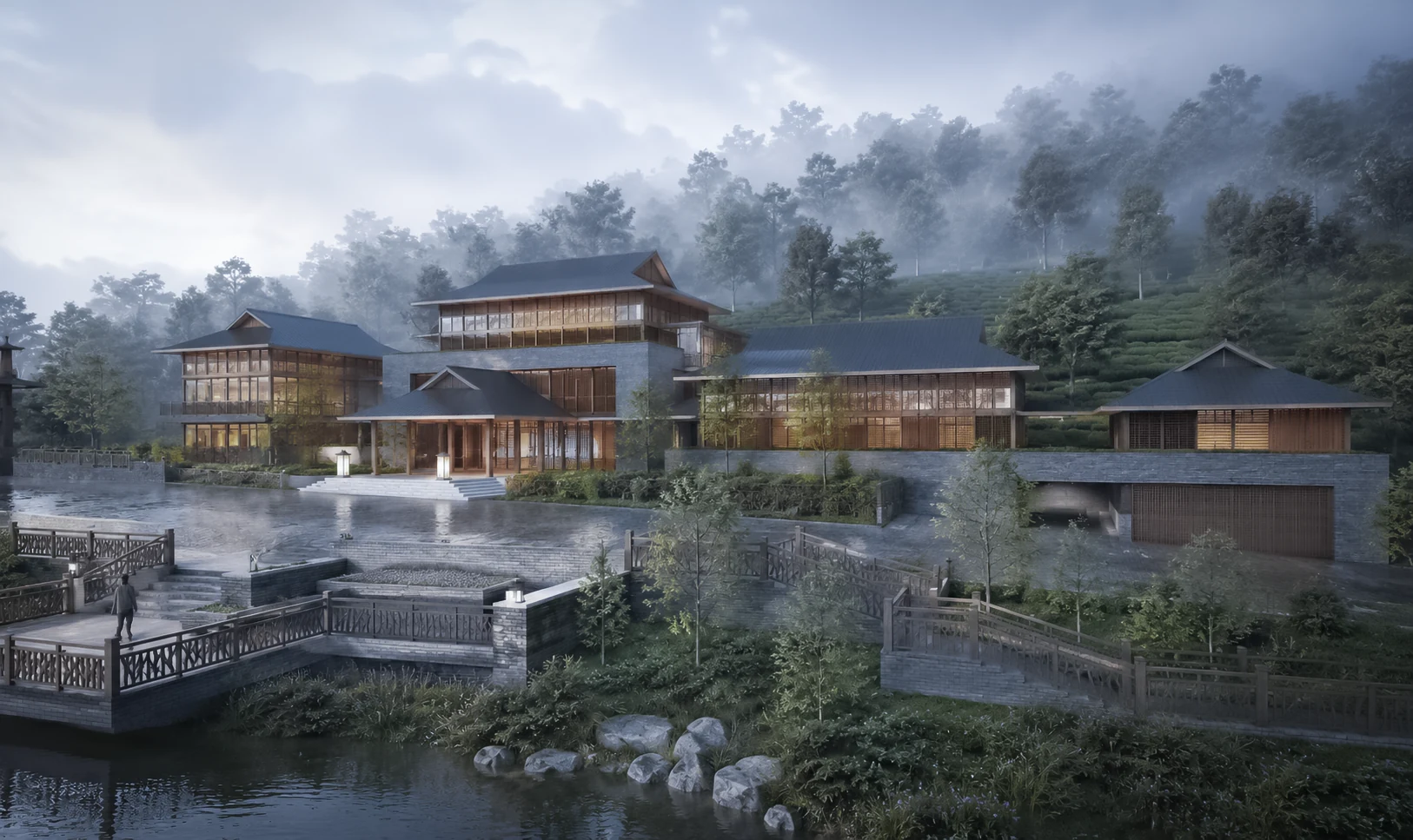 Village buildings that reinterpret local roof forms and materials within the tea landscape