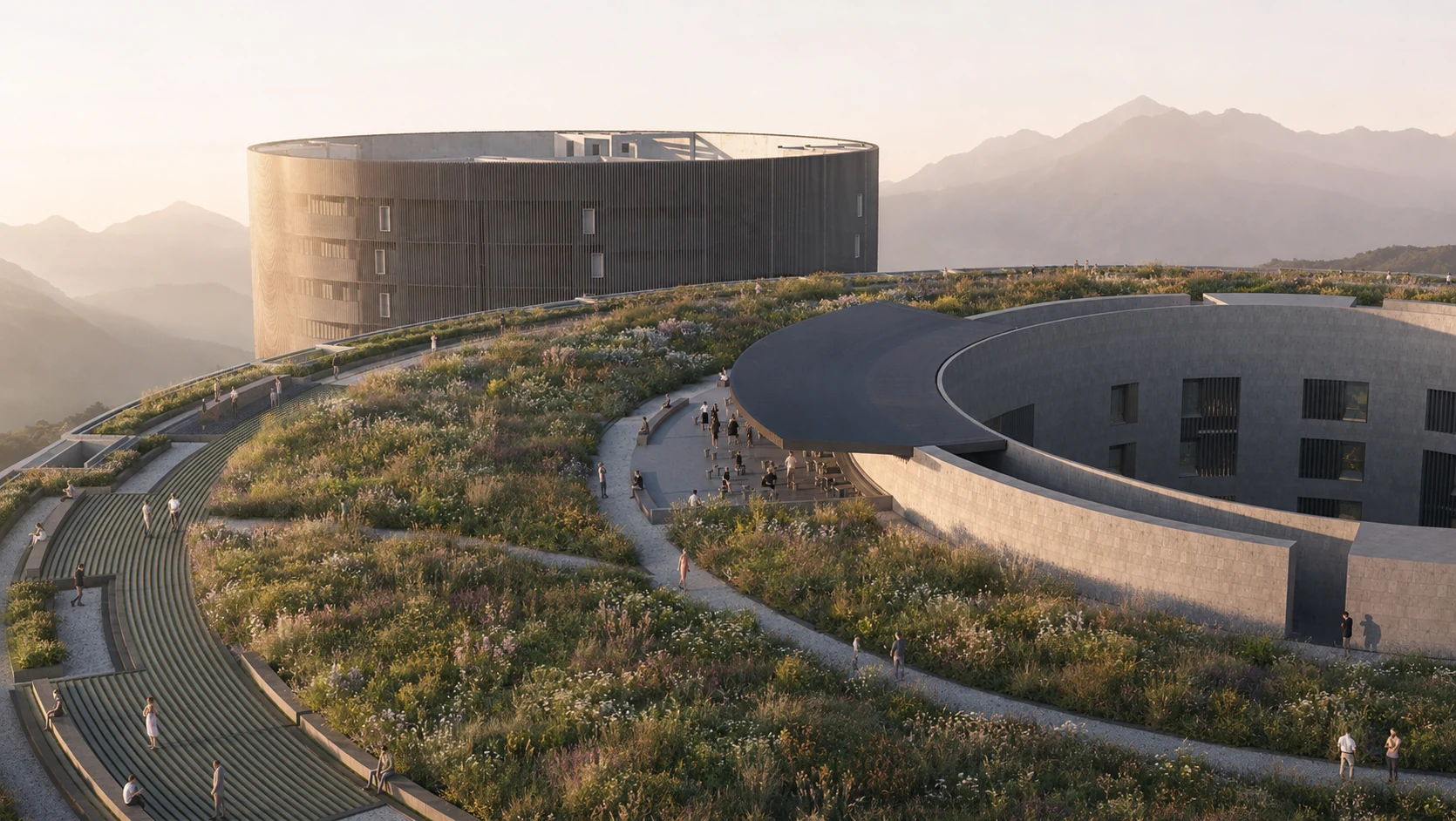 Cultural facility with planted terraces overlooking the Jingmai mountain landscape