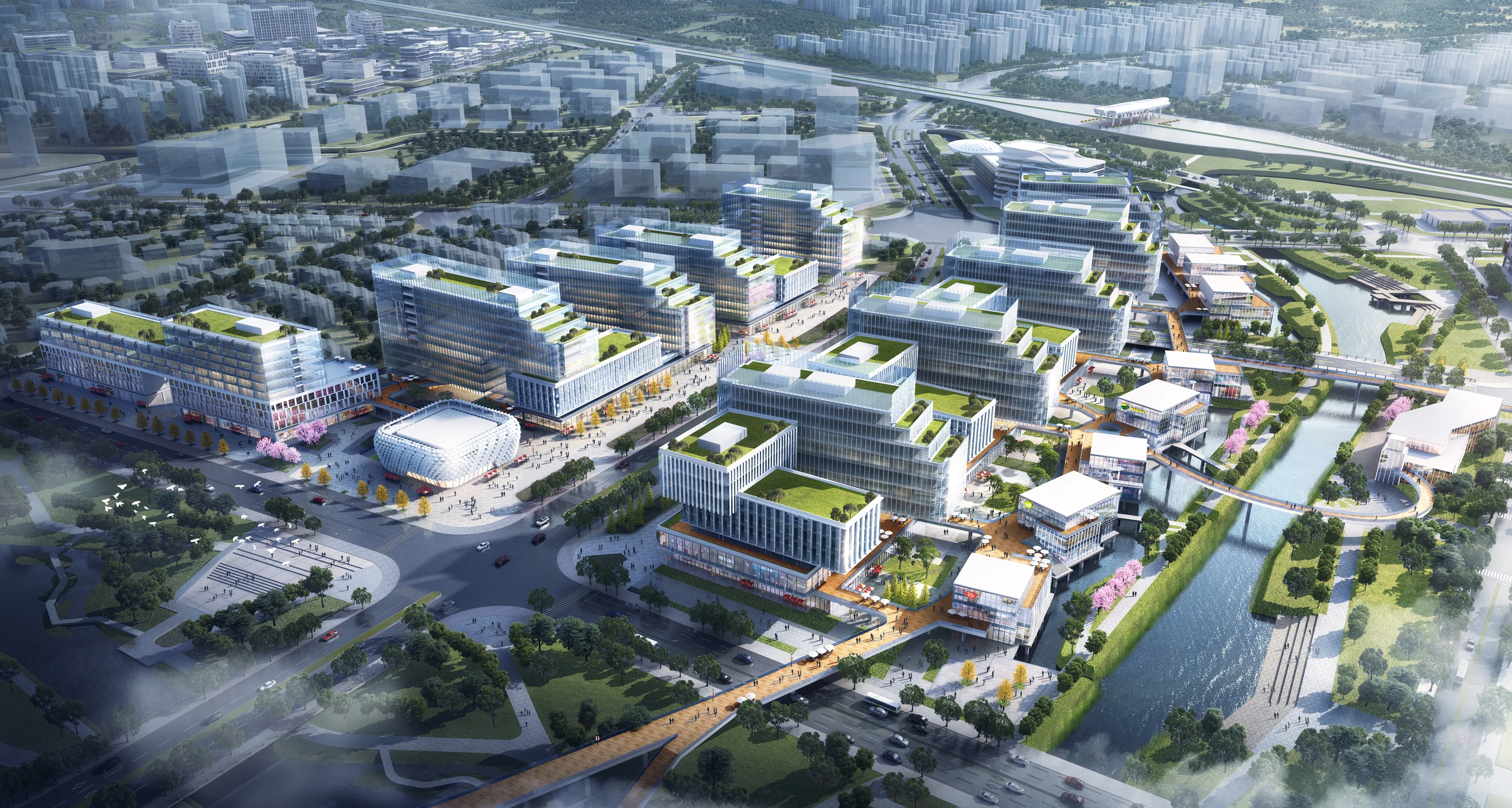 Aerial view of research and office buildings beside a restored canal in North Hongqiao