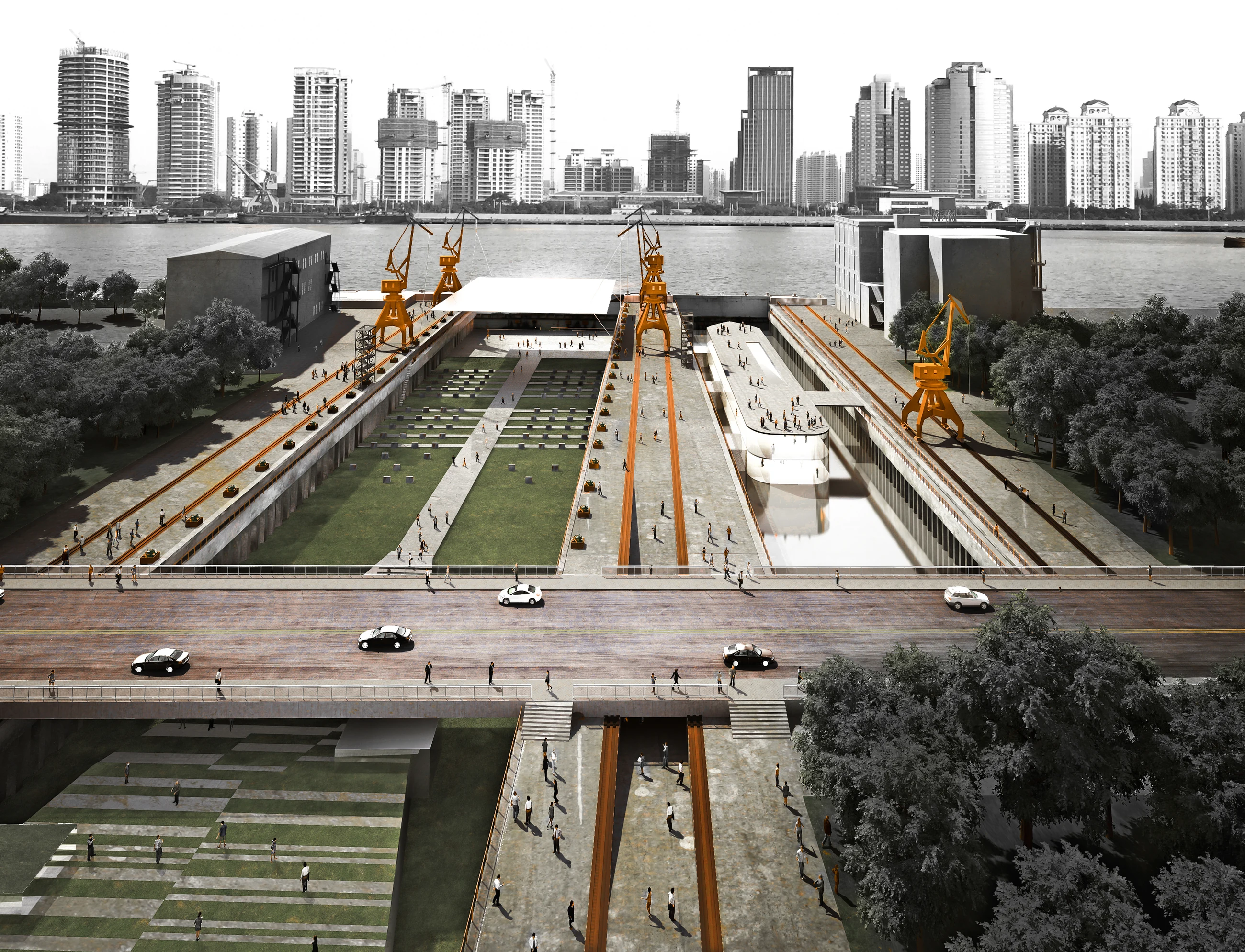 Design visualization of a new public landscape passing through an industrial waterfront site