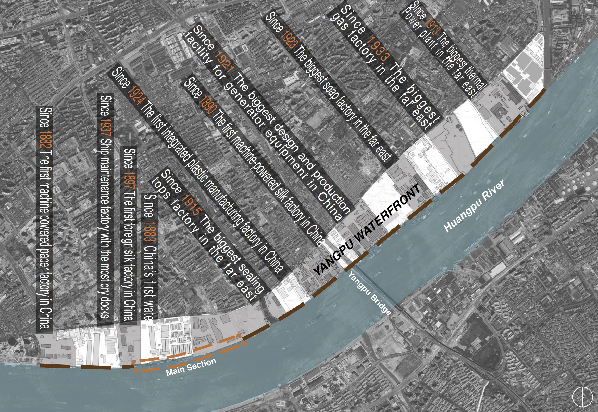 Aerial plan showing the long Yangpu waterfront corridor and its industrial sites