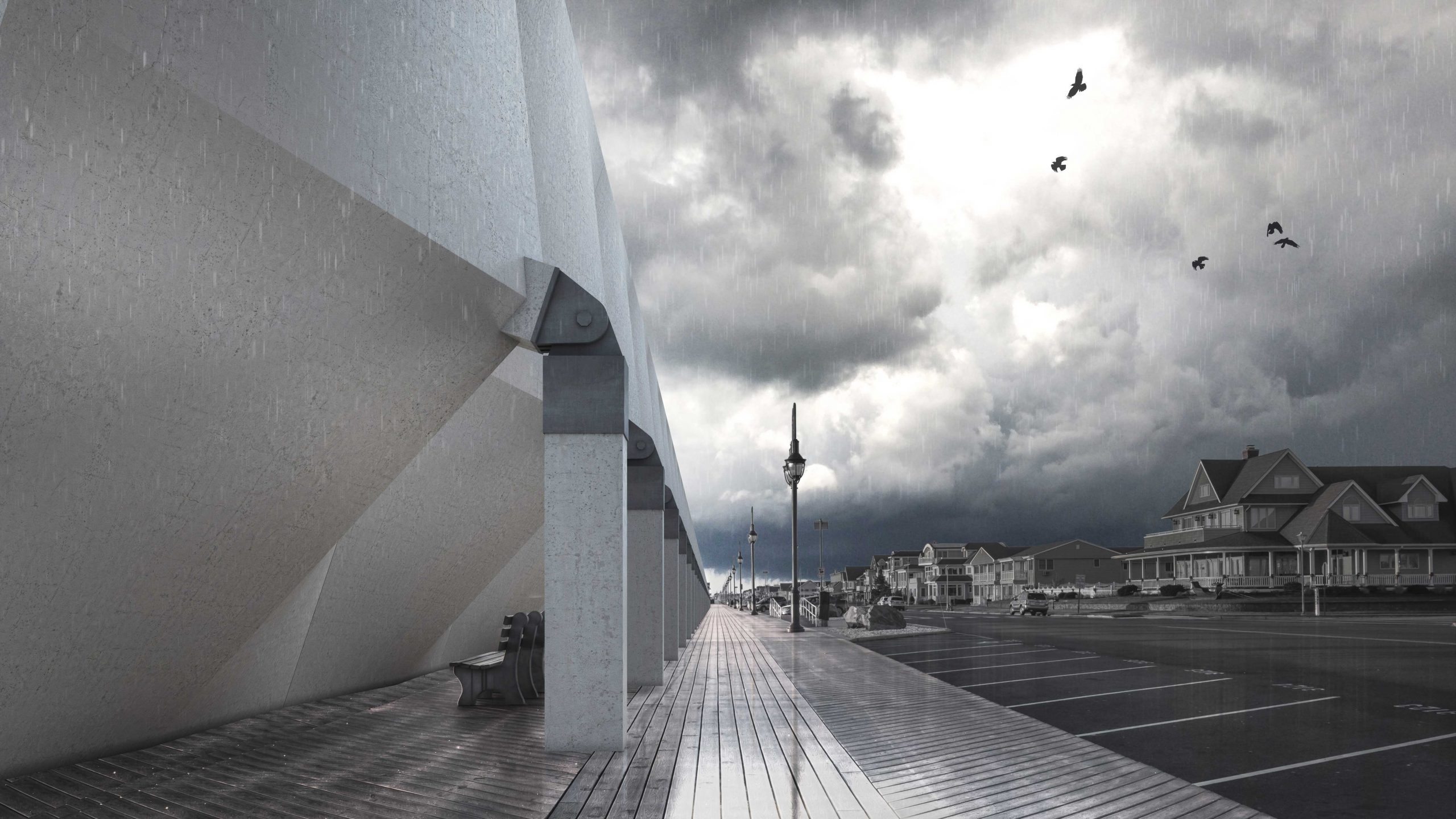 Storm clouds and heavy rain approaching a coastal neighborhood and flood-protection structure
