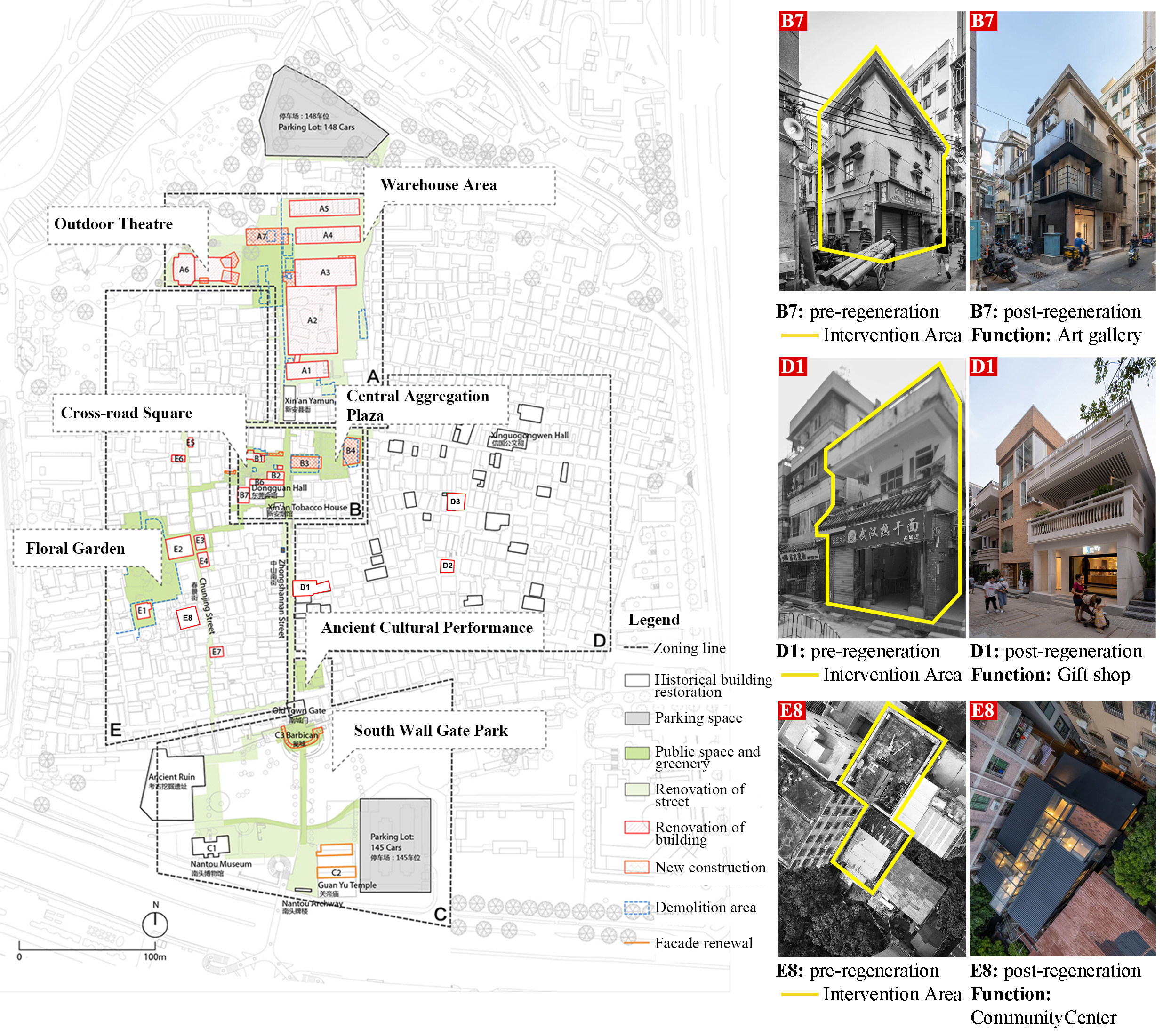 Plan of micro-regeneration interventions in Nantou with before-and-after examples of an art gallery, gift shop, and community center